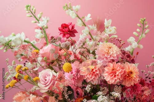 Beautiful bouquet featuring a mix of colorful flowers creating a vibrant and romantic atmosphere
