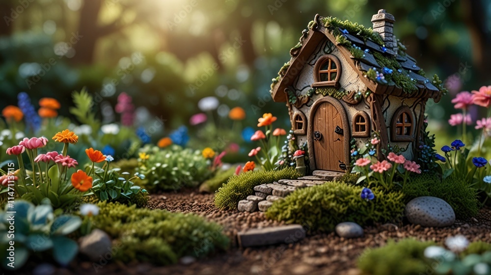 Miniature fairy house in vibrant flower garden. Miniature fairy house in vibrant flower garden.