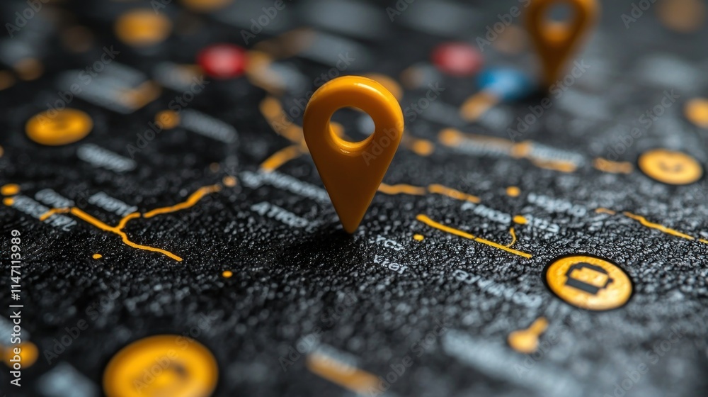 Close-up of a map with location markers and icons. Close-up of a map with location markers and icons.