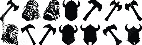 Viking silhouettes set, nordic pack of vector silhouette design, isolated background