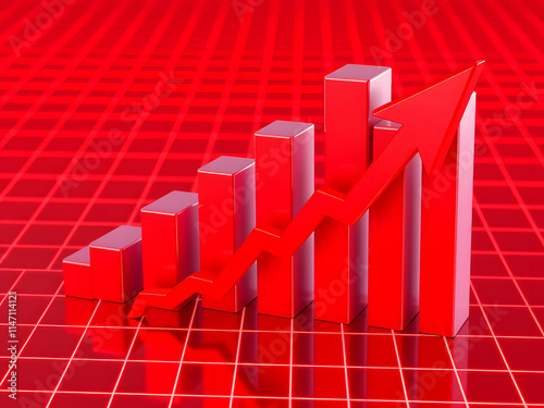 Red Hot Growth: A bold red bar graph with a soaring arrow on a checkered red background signifies rapid and unstoppable upward momentum in business. This powerful image captures the energy of growth. photo