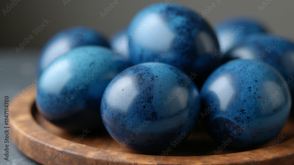The image shows a group of blue eggs in a wooden bowl. The eggs are round and shiny, with a glossy finish. They are arranged in a scattered manner, with some overlapping each other. The image shows a group of blue eggs in a wooden bowl. The eggs are round and shiny, with a glossy finish. They are arranged in a scattered manner, with some overlapping each other.