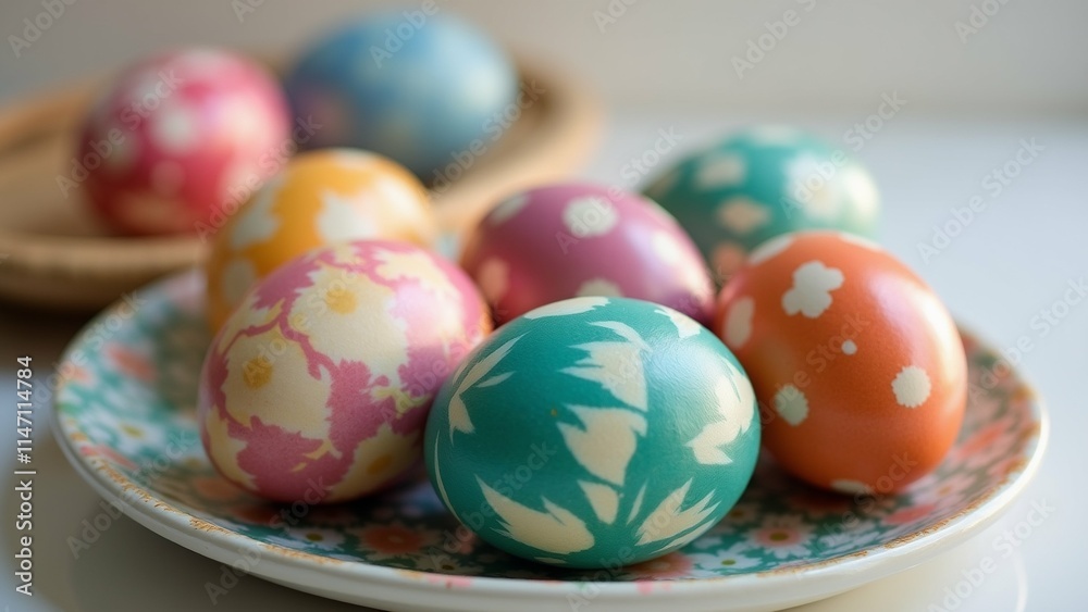 Fototapeta premium The image shows a group of colorful Easter eggs on a plate. There are six eggs in total, arranged in a circular pattern on the plate.