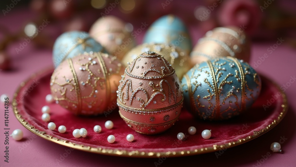 The image shows a group of colorful Easter eggs on a red plate. The eggs are decorated with intricate patterns and designs in shades of pink, blue, and gold. The image shows a group of colorful Easter eggs on a red plate. The eggs are decorated with intricate patterns and designs in shades of pink, blue, and gold.