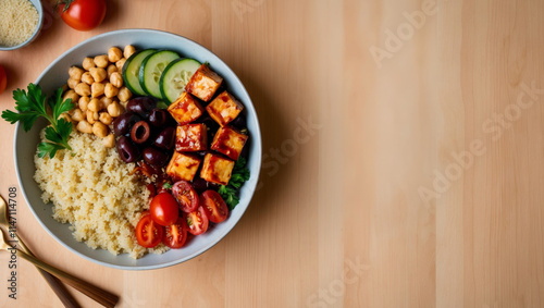Buddha bowl features couscous, fresh vegetables, grilled tofu, olives, cherry tomatoes, cucumber slices on light wooden countertop with space for text. For a healthy meal, restaurant, vegetarian menu