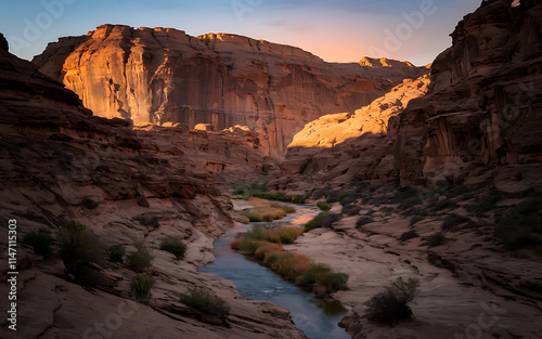 Glowing desert canyon at golden hour with rust-red, sandy beige, and coral rock formations. Sunset reflects orange and lavender hues on a winding river, while desert plants like saguaros thrive in  photo