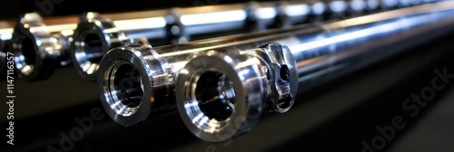 Sleek Metal Tubes Lined Up, Reflecting Warm Industrial Lights in a Factory photo