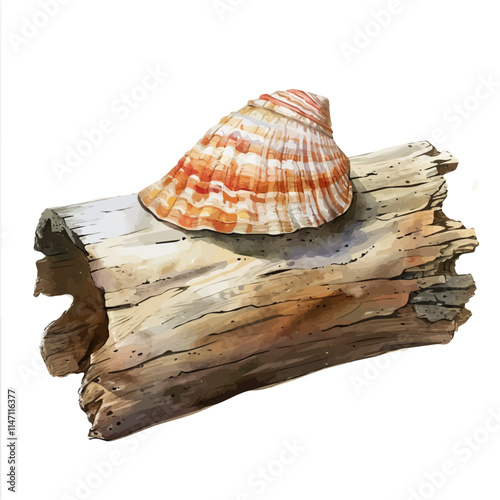 A watercolor drawing of a seashell resting on a weathered log, isolated on a white background. Seashell log vector.
