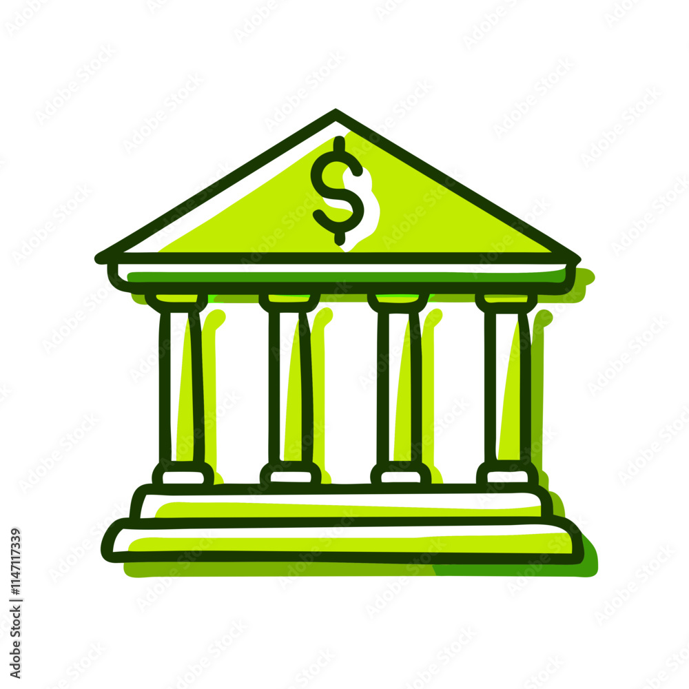 Bank building with columns and dollar symbol in a green minimalistic style Bank building with columns and dollar symbol in a green minimalistic style
