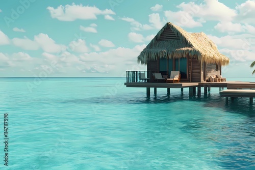 Over-water bungalow in a lagoon with clear blue water