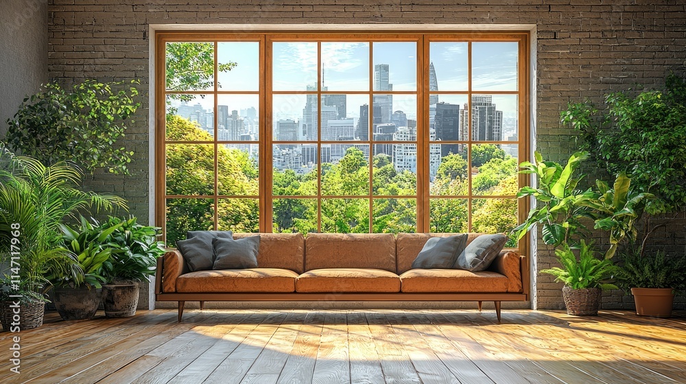 A cozy living room with a view of a vibrant cityscape and lush greenery. A cozy living room with a view of a vibrant cityscape and lush greenery.