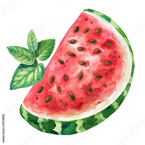 A watercolor drawing of a slice of summer watermelon with mint leaves, isolated on a white background. Watermelon slice vector.
