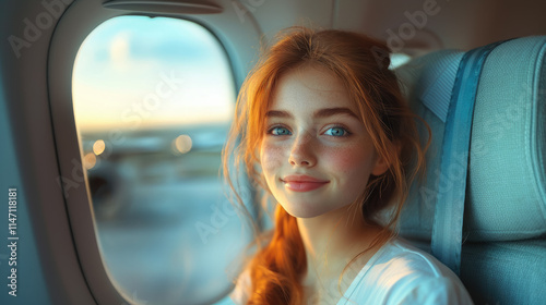 smiling child looking out of airplane window during flight, kid traveling, girl sitting in airplane seat