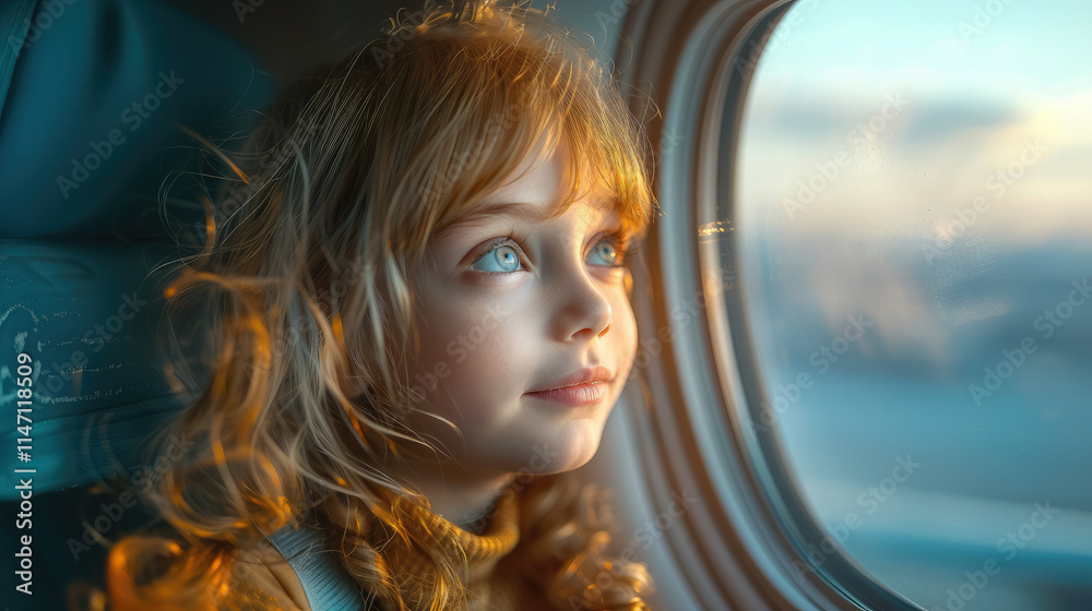 smiling child looking out of airplane window during flight, kid traveling, girl sitting in airplane seat smiling child looking out of airplane window during flight, kid traveling, girl sitting in airplane seat