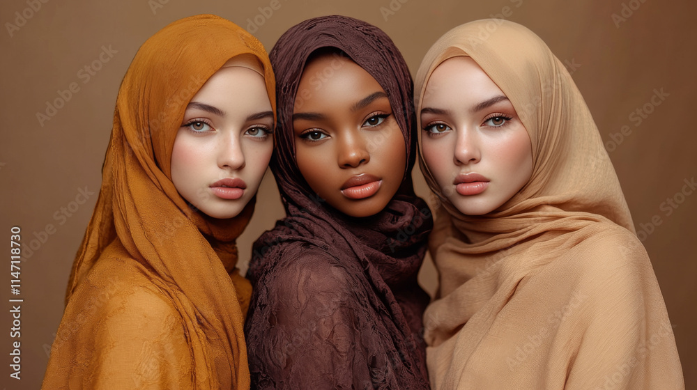 Three Muslim Women: A powerful portrait of three beautiful Muslim women,  each with unique beauty and grace, adorned in colorful hijabs. The image celebrates diversity, cultural identity.