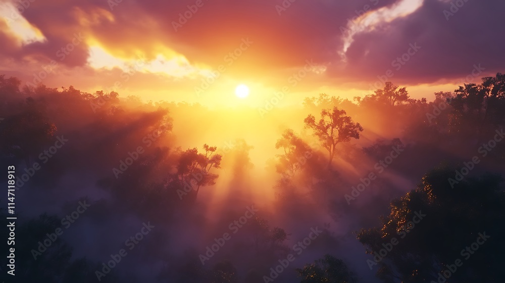 Naklejka premium Golden Sunrise Illuminates Misty Forest Canopy