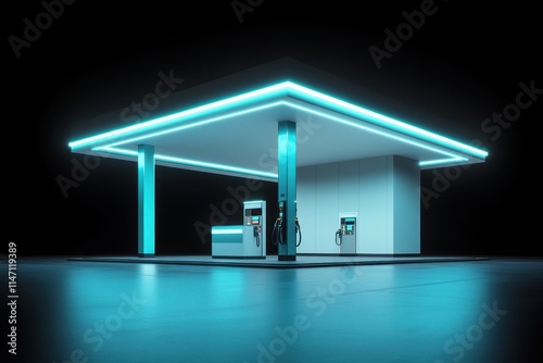 Futuristic gas station at night with neon lights. photo