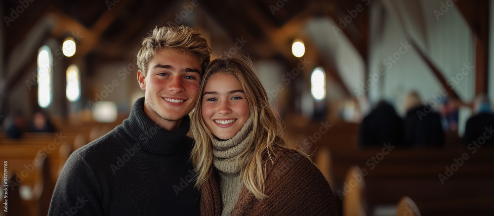 Portrait of smiling catholic or mormon man and woman on blurred background of church, religious people, believer, christian Portrait of smiling catholic or mormon man and woman on blurred background of church, religious people, believer, christian