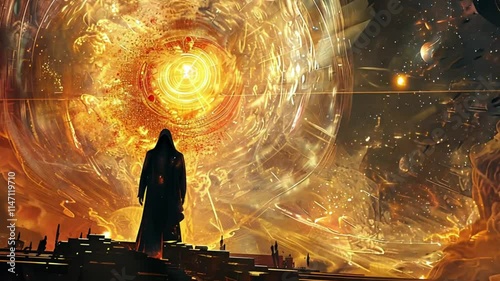 A wise man with a flowing robe gazes into a timeless horizon filled with swirling clouds and light.
