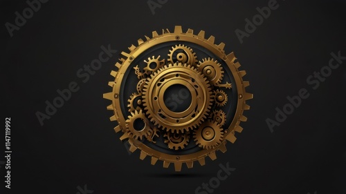 Golden gears mechanism on dark background.