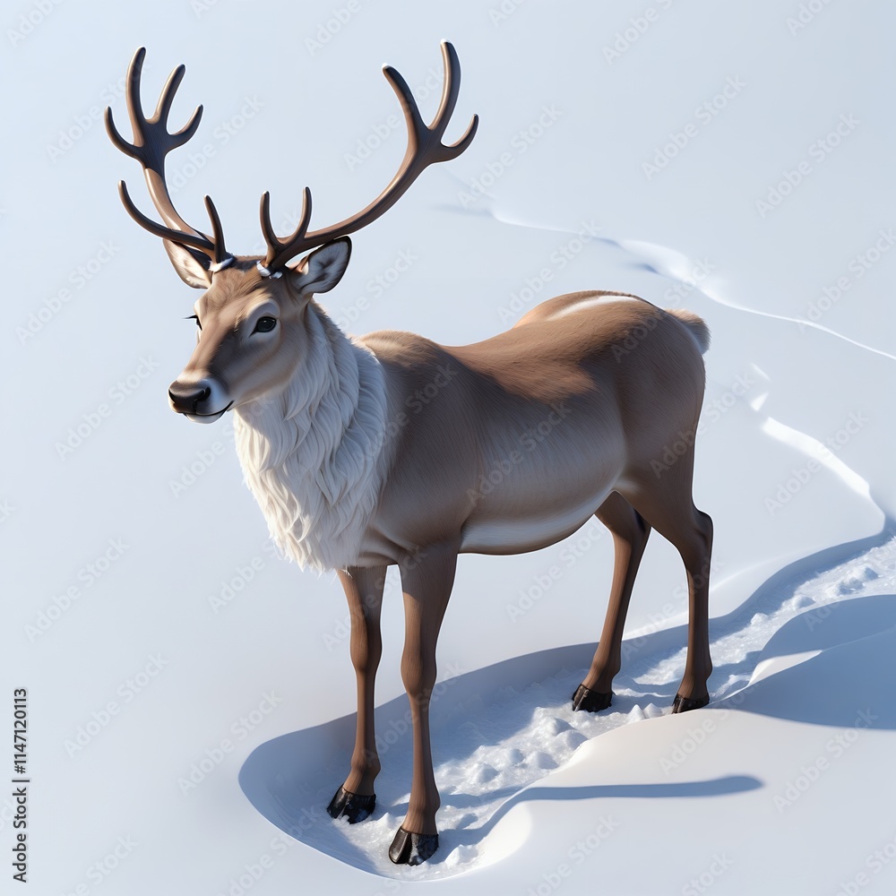 Majestic Reindeer in Winter Wonderland: A 3D Render of a Brown Reindeer Standing on Snow