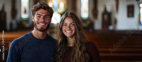 Portrait of smiling catholic or mormon man and woman on blurred background of church, religious people, believer, christian