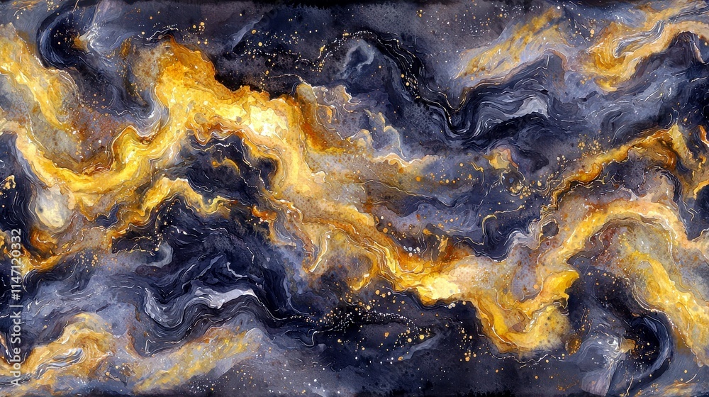 Fototapeta premium Abstract cosmic art with swirling blue, gold, and black textures creating a dreamy and ethereal space background for various design projects