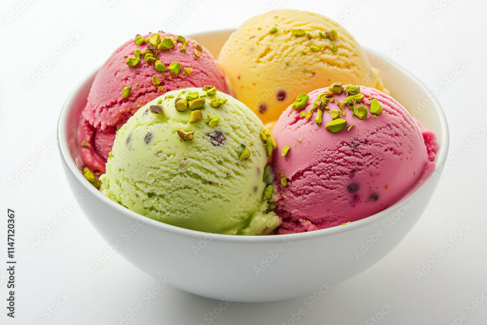 A bowl of creamy gelato in vibrant fruit flavors, sprinkled with crushed pistachios A bowl of creamy gelato in vibrant fruit flavors, sprinkled with crushed pistachios