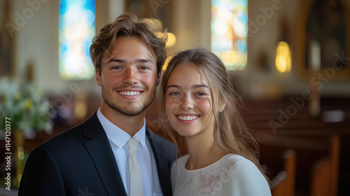 Portrait of smiling catholic or mormon man and woman on blurred background of church, religious people, believer, christian