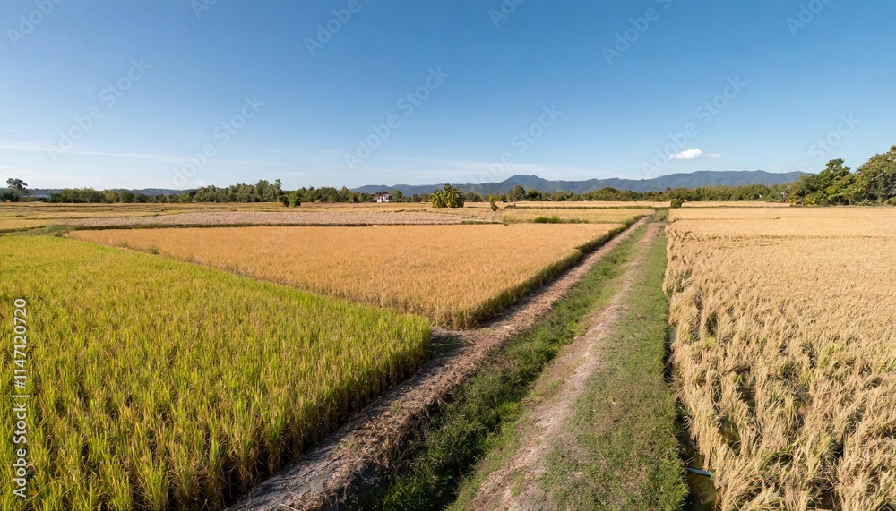Golden Rice Paddy Field Ready for Harvest under a Bright Blue Sky Golden Rice Paddy Field Ready for Harvest under a Bright Blue Sky