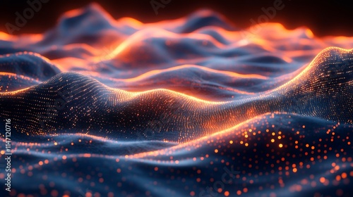 Abstract Digital Landscape: Glowing Particle Waves and Dynamic Texture