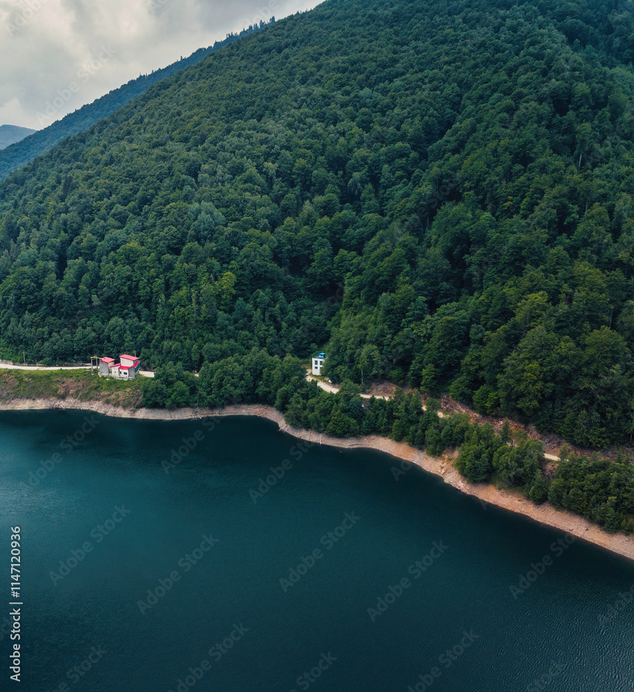 Aerial view of an reservoir's shoreline Aerial view of an reservoir's shoreline