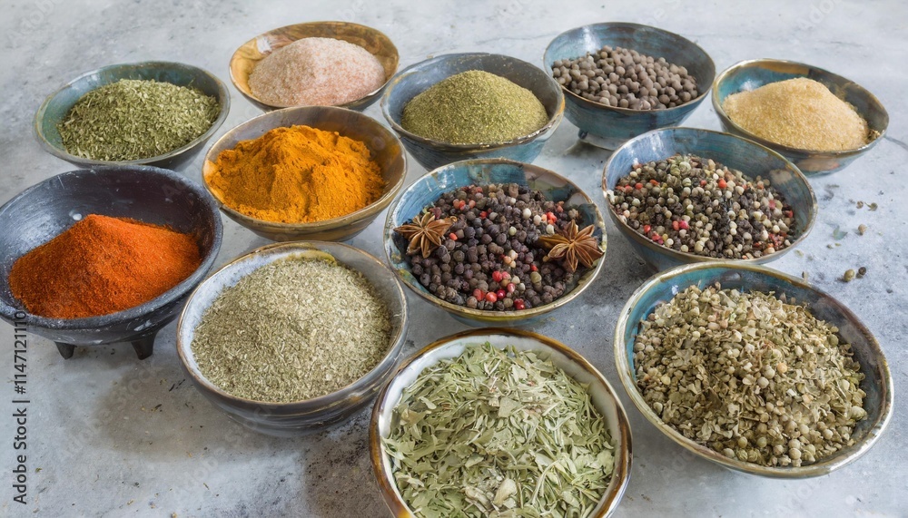 Assortment of Dried Spices in Bowls Ready for Cooking and Culinary Use Assortment of Dried Spices in Bowls Ready for Cooking and Culinary Use