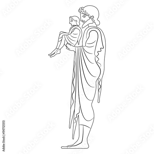 Standing Ancient Greek man holding a child. God Hermes with baby Dionysus. Black and white linear silhouette. Vase painting style.