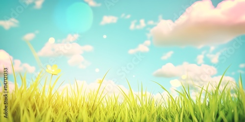 A single yellow flower blooms in vibrant green grass under a bright blue sky
