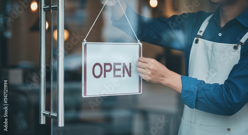 Business owner hanging an open sign on the shop door