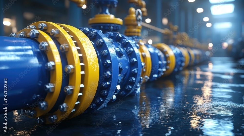 Fototapeta premium Industrial blue metal pipes with yellow flanges connected in a factory setting, conveying oil or gas, suitable for engineering projects, manufacturing, technology, with reflective wet floor and brigh