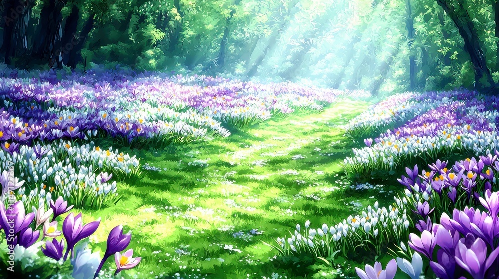 Obraz premium A Beautiful Path Through a Lush Flower Field with Colorful Blooms and Sunlight Streaming Through a Serene Forest in Springtime
