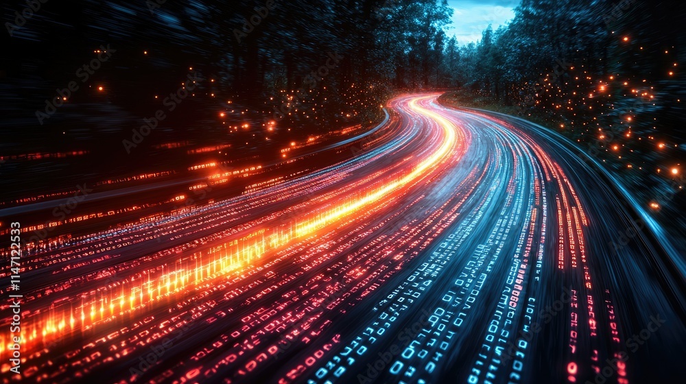 A dynamic, abstract representation of a glowing road made of binary code, symbolizing technology.
