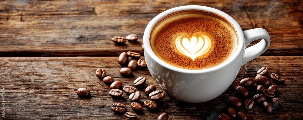 Freshly Brewed Coffee with Heart-Shaped Latte Art Surrounded by Coffee Beans on Rustic Wooden Table Freshly Brewed Coffee with Heart-Shaped Latte Art Surrounded by Coffee Beans on Rustic Wooden Table