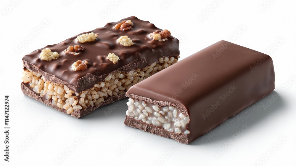 Two chocolate bars, one broken, revealing crispy rice and nuts. Two chocolate bars, one broken, revealing crispy rice and nuts.