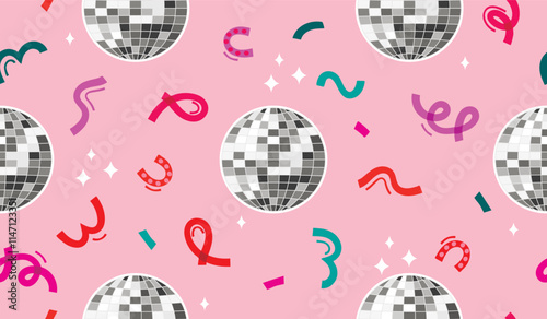 Festive seamless pattern with silver disco ball and colorful confetti.Cartoon elements on pink background.Vector design for printing on fabric and paper.Pop Art style endless wallpaper,textile,package