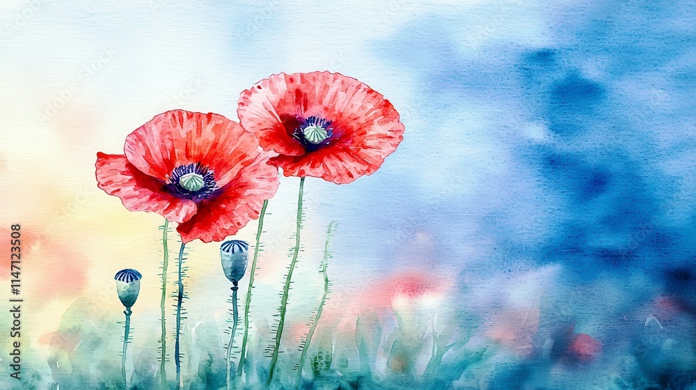 Beautiful watercolor painting of vibrant red poppy flowers against a soft blue and pastel background with delicate green foliage in an artistic style Beautiful watercolor painting of vibrant red poppy flowers against a soft blue and pastel background with delicate green foliage in an artistic style