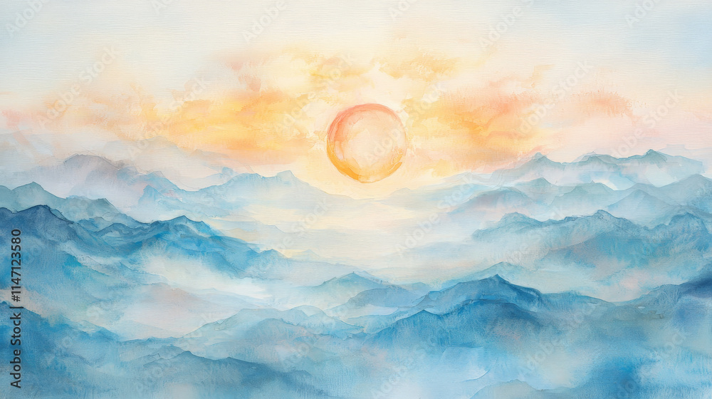 Fototapeta premium soft watercolor sunrise over rolling hills creates serene atmosphere