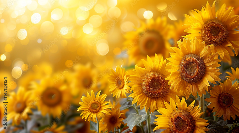 Fototapeta premium Sunflowers bask in golden sunlight in a vibrant summer garden