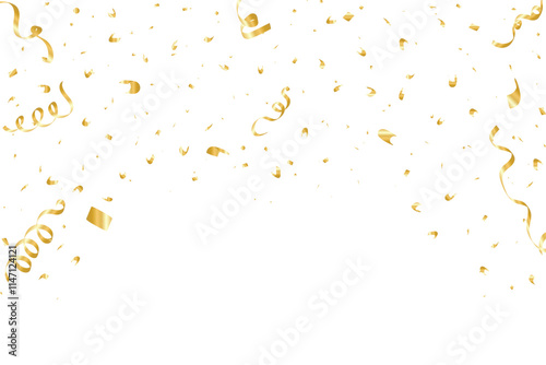 Shiny gold color ribbons and confetti falling on a white background. Golden confetti and ribbons vector. Confetti and tinsel element design for birthday, party, anniversary, and holiday.