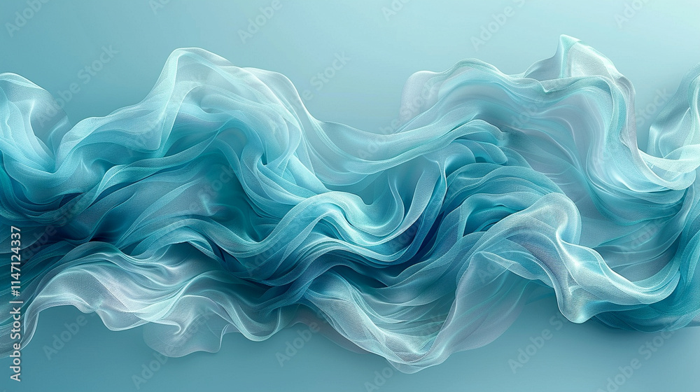 Waves of translucent fabric dance under soft blue light Waves of translucent fabric dance under soft blue light