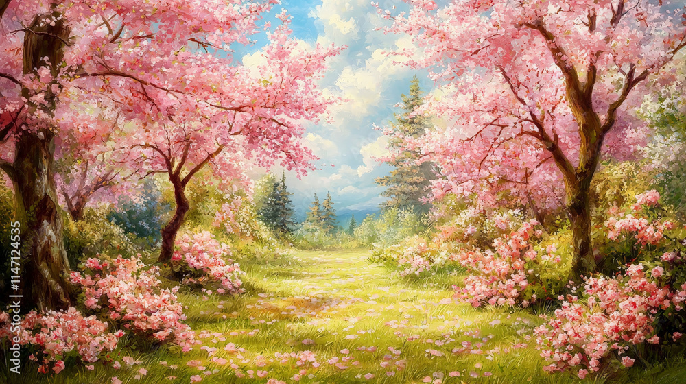 vibrant spring scene with cherry blossoms and lush greenery vibrant spring scene with cherry blossoms and lush greenery