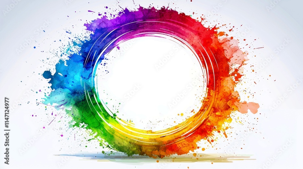 Vibrant Circular Splash of Colorful Paints Creating a Bright Border on a Light Background for Creative Design and Artistic Projects