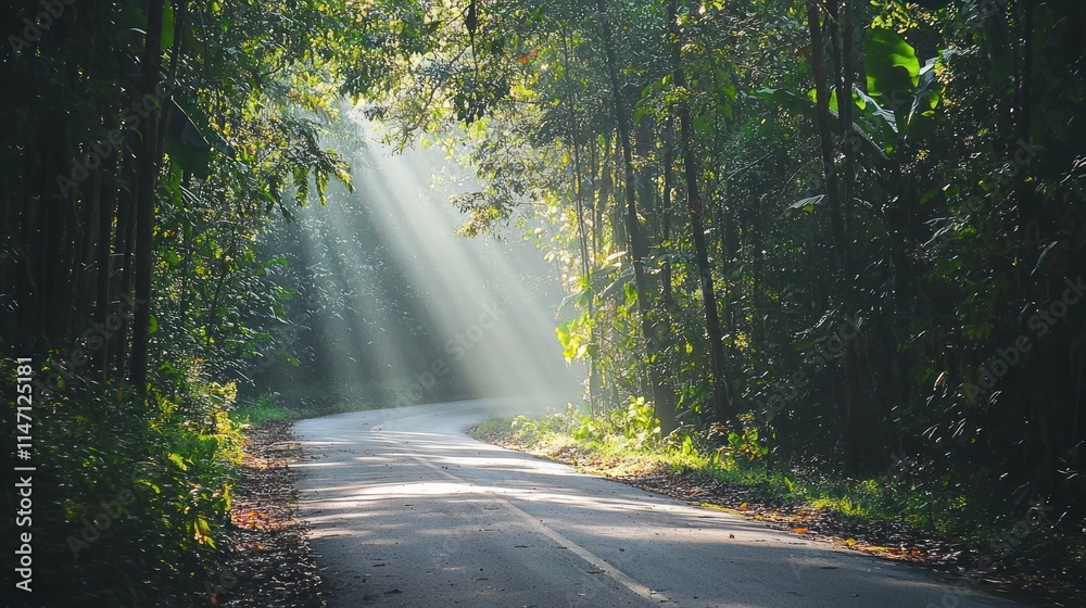 Obraz premium Serene forest road with sunlight filtering through trees.
